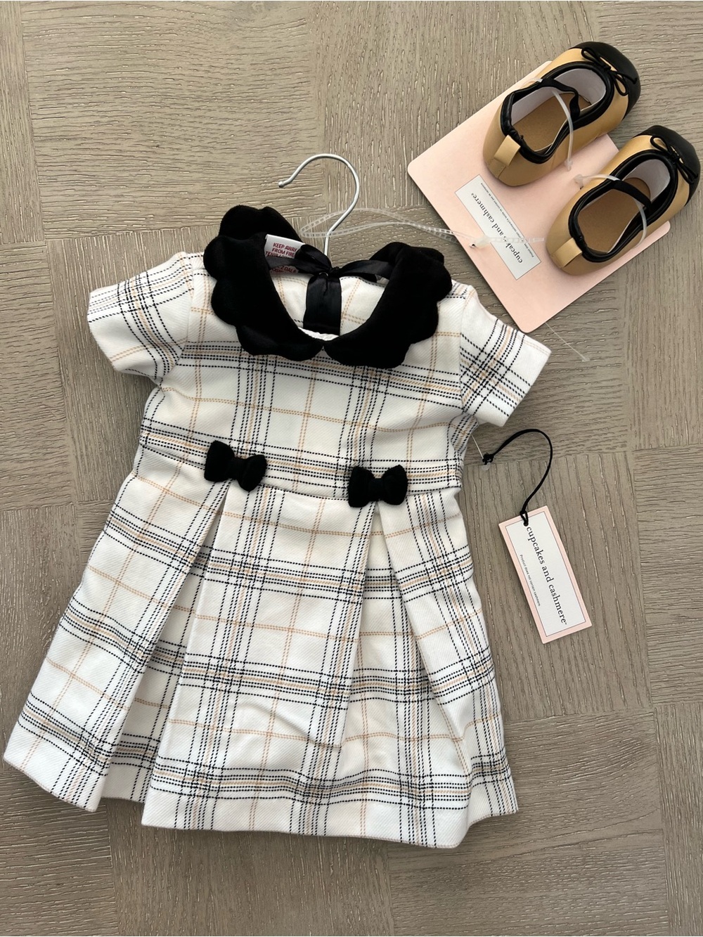 cupcakes & cashmere White Plaid Dress with Black Collar & Bows